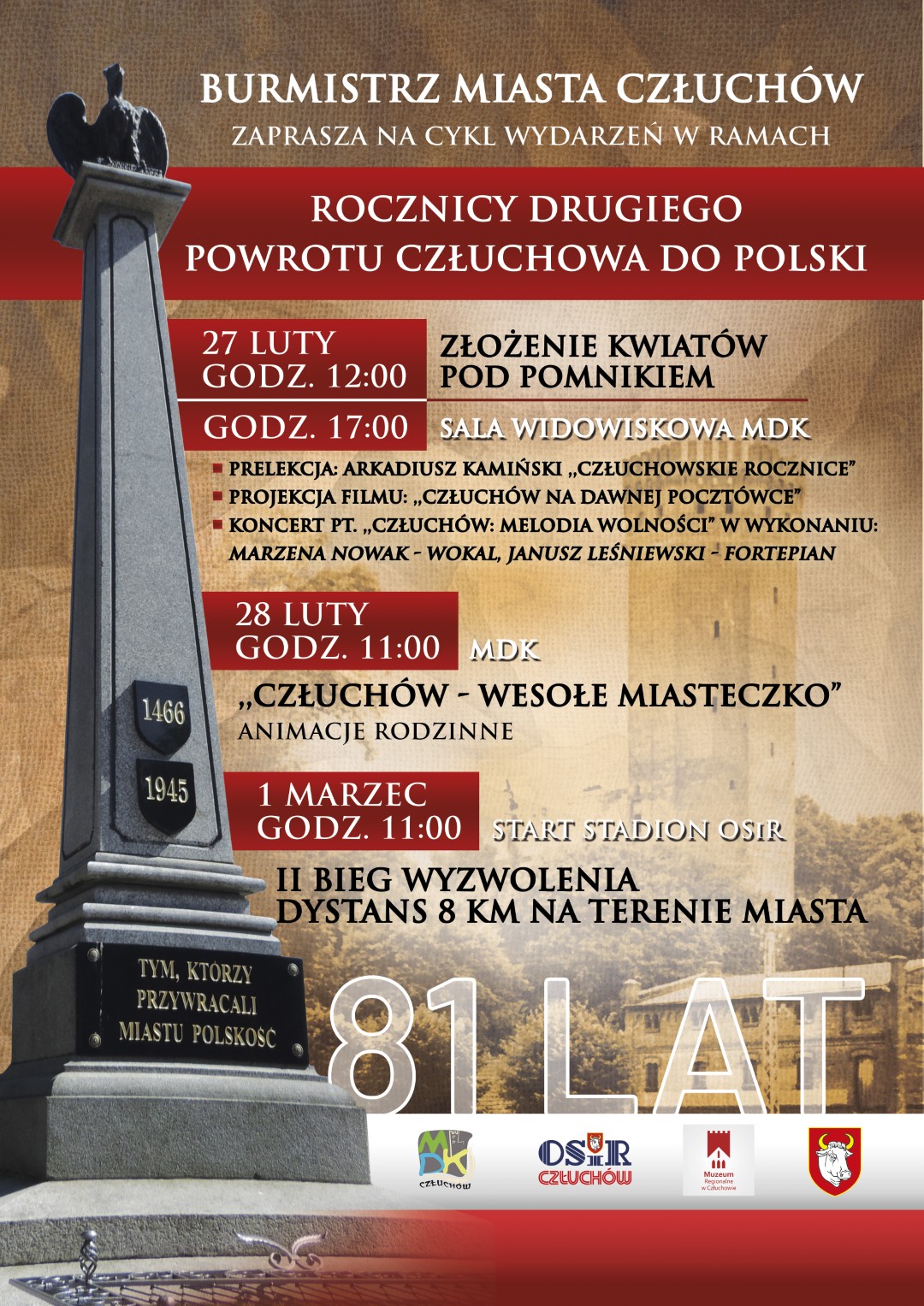 Człuchów przez trzy dni będzie świętował rocznicę drugiego powrotu do Polski. W planie m.in. prelekcja, koncert, animacje rodzinne i bieg